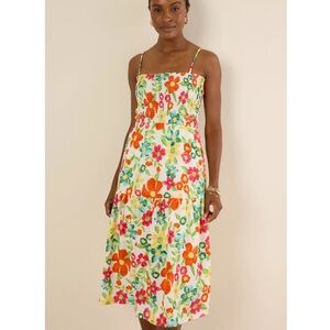 THML Smocked Midi Dress - White with Multicolor Floral Print
